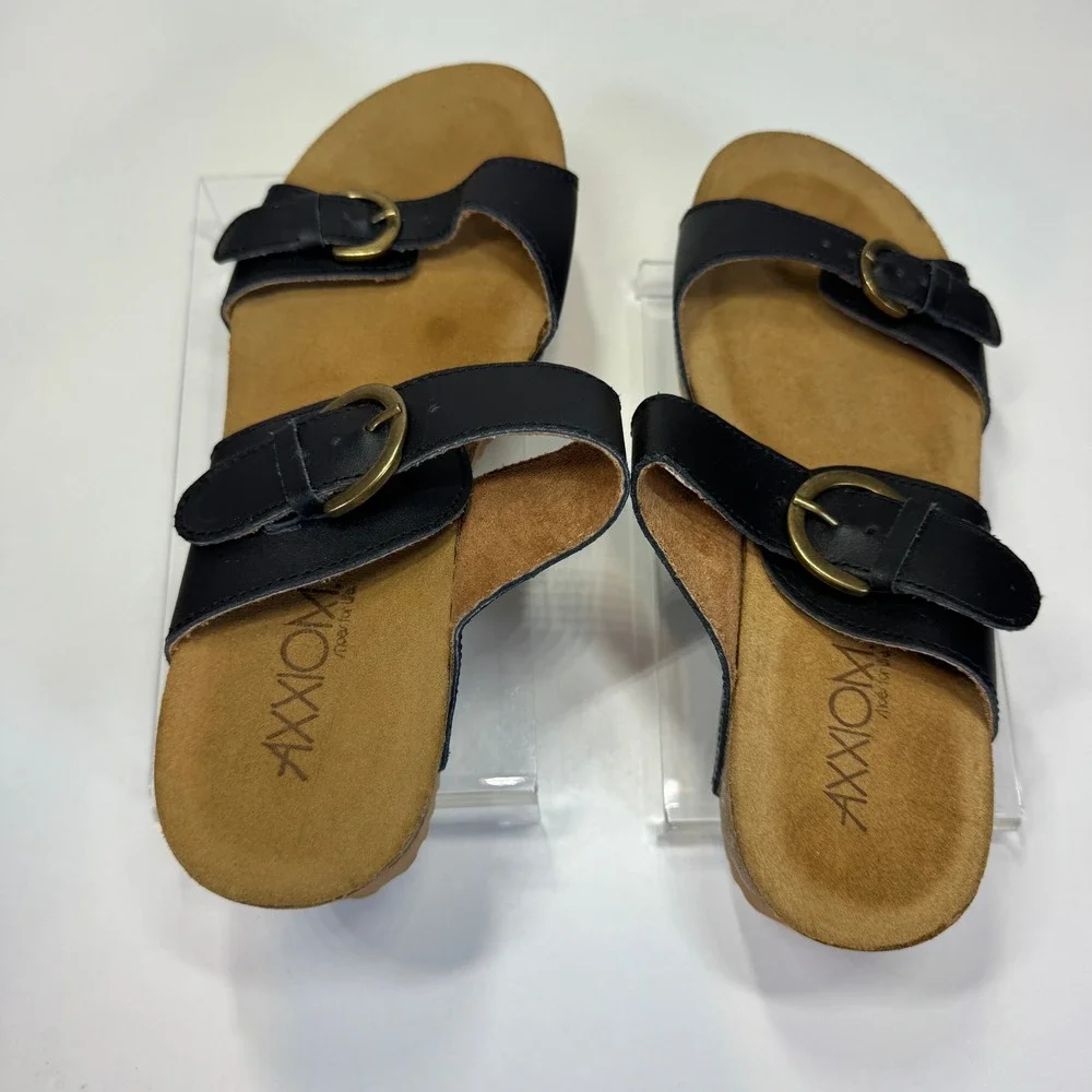 Axxiom Ravine Black Leather Wedge Sandals Slides Women 7M Cork Heel Comfort-core